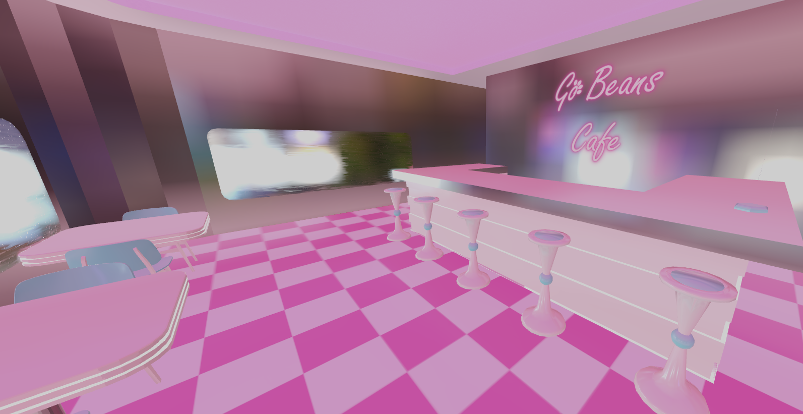 Go Beans, a vibrant pink diner with a checkered floor, pink counter, white bar stools, and glowing neon signage, built in WebXR (coming soon)