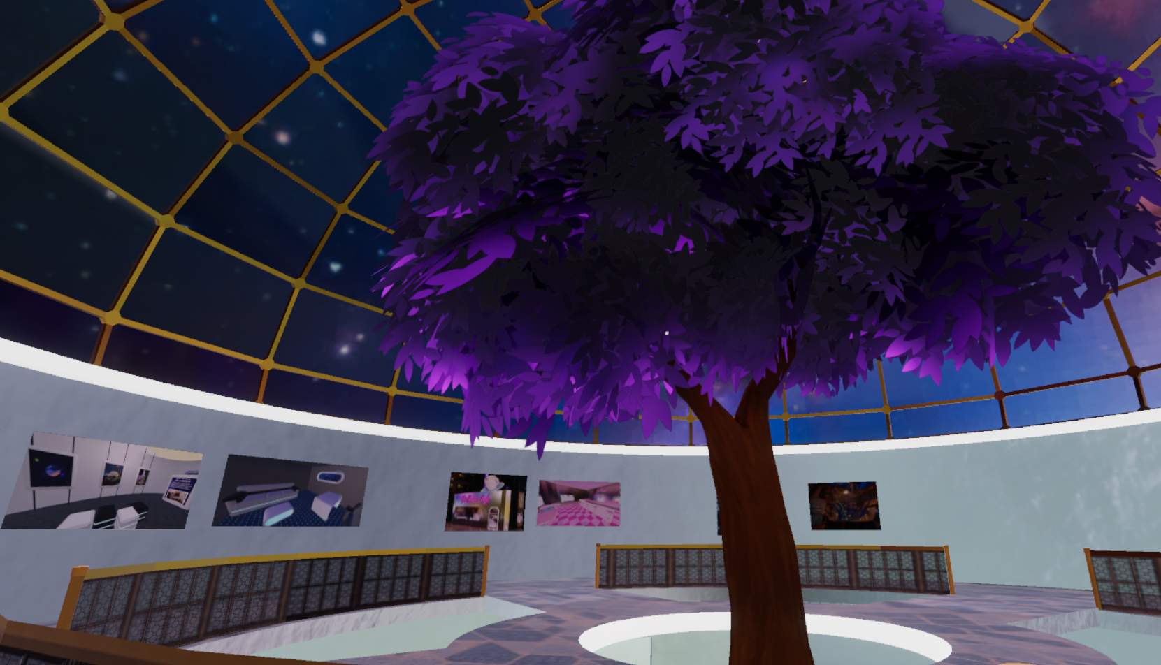 Portfolio, a domed WebXR gallery with a large stylized purple-leafed tree at its center beneath a golden geodesic glass dome that opens onto a starry galaxy sky. Framed images of other worlds line the curved white walls above wooden latticed railings.