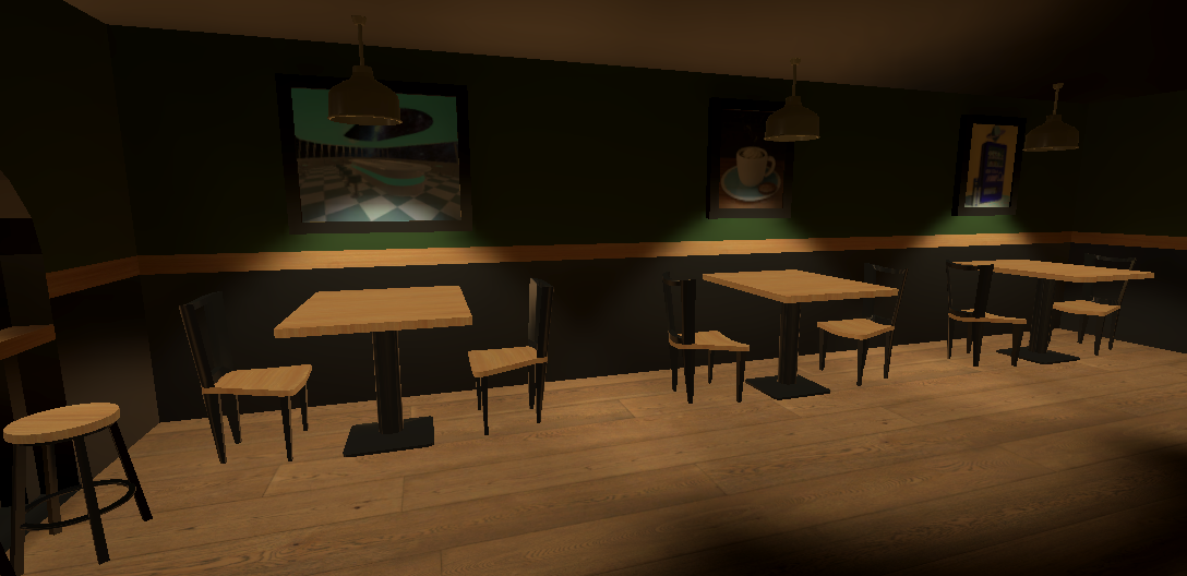 Rustic Cafe — a cozy coffee bar with dark green walls, warm wooden floors, wooden tables and chairs, and soft pendant lighting, built in WebXR