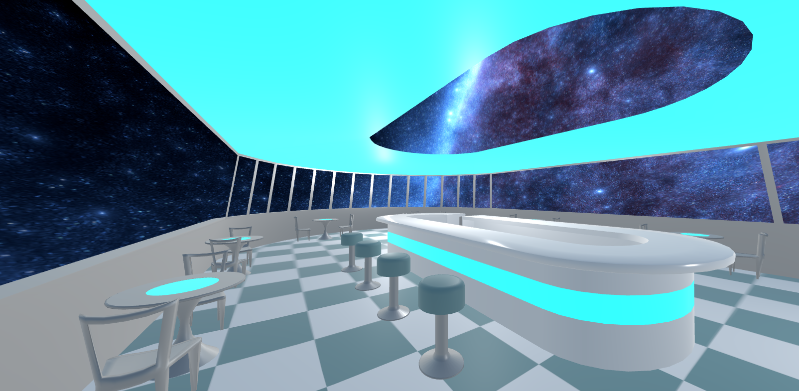 Space Cafe — a sleek circular cafe with cyan-lit curved walls, a white bar counter, checkered floor, and a large circular skylight revealing a galaxy above, built in WebXR