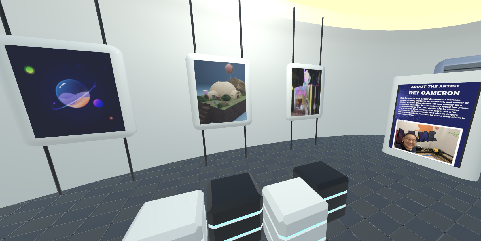 Space Gallery, a curved gallery space displaying framed artwork on stands, black and white cube seating, and an artist panel for Rei Cameron, built in WebXR (coming soon)